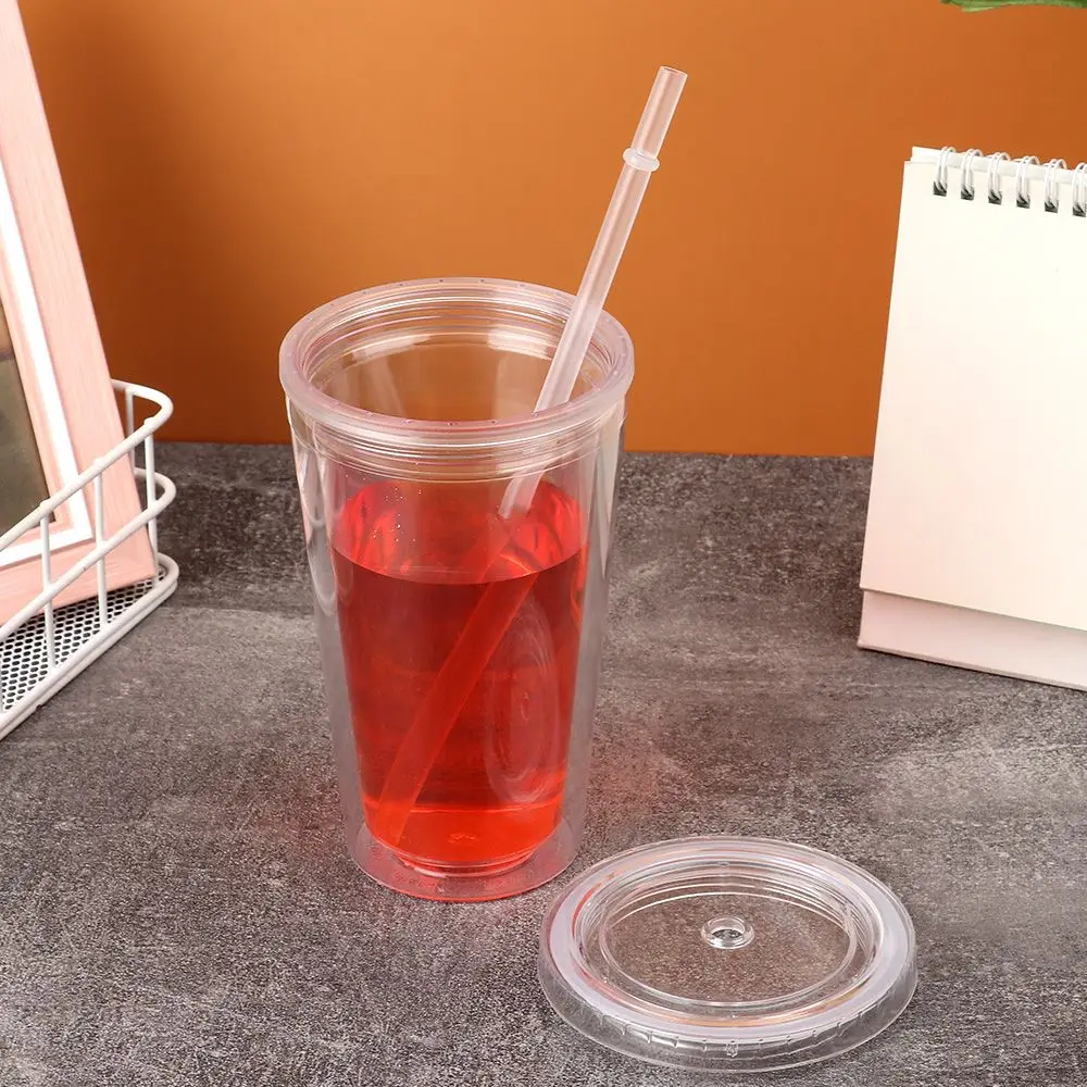 500ml Reusable Double-layer Plastic Transparent Drinking Cup Water Bottle With Lid Straw Cup Outdoor Drink Tea Milk Mug Tools