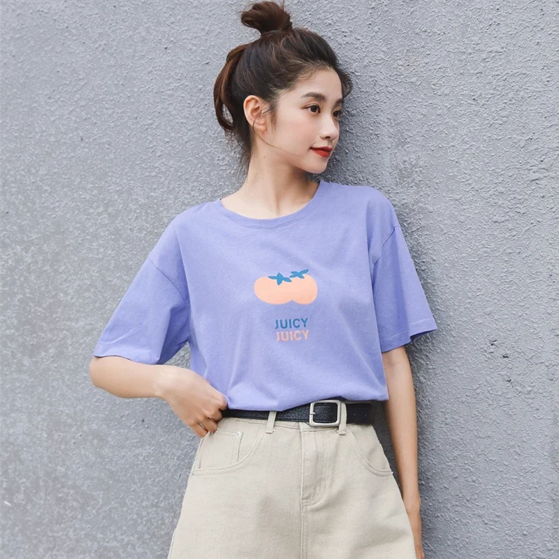 Women Casual Round Neck Short Sleeve Kawaii Tops 2024 New Cute Fruit Print T-shirts Female Summer Sweet Korean College Tees Ins