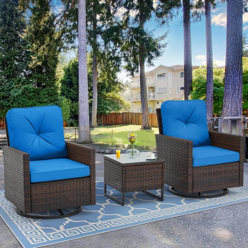 طقم بيسترو للفناء مكون من 3 قطع، كراسي شراعية دوارة من الخيزران مع طاولة جانبية من الزجاج المقسى، طقم كراسي فناء مع مقاوم للماء B #6