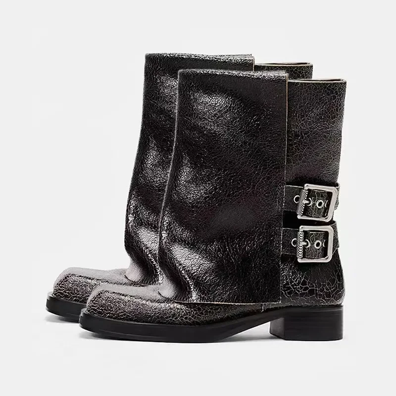 Design Sense Belt Buckle Pants Boots for Women for Women 2024 New Square Toe Short Boots Punk Thick Heel Women's Boots