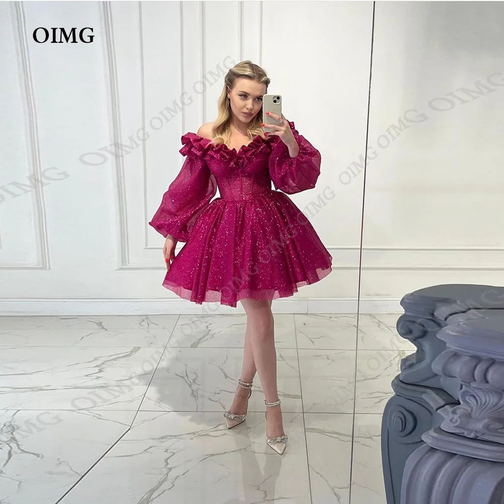 

OIMG Fuschia A Line Short Cocktail Party Dresses Off Shoulder Glitter Sequins Prom Dress Custom Women Evening Party Gowns 2023