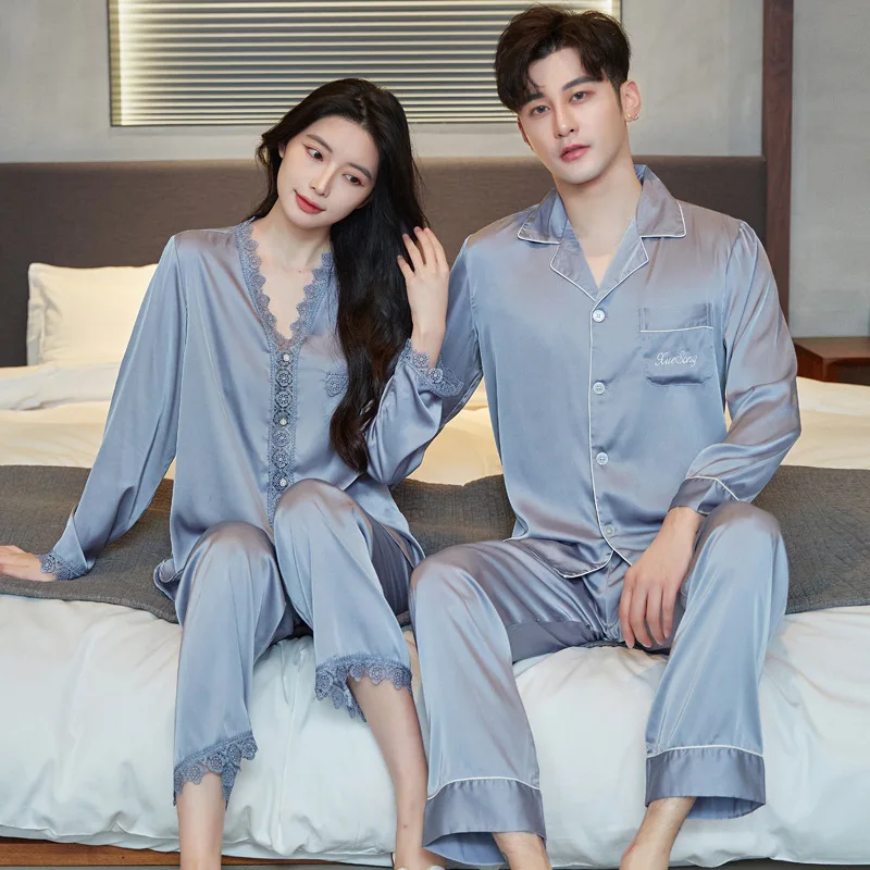 Gray Rayon Couple Pajamas Set Sleepwear Spring Autumn Long Sleeve Shirt&pant Bridegroom Bride Wedding Gift Casual Home Clothes