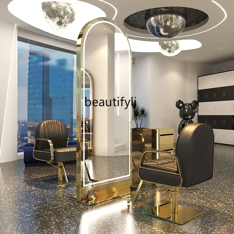 LHair Salon Dressing Table Barber Shop Single Double-Sided Stainless Steel Floor Hair Cutting Mirror with Light