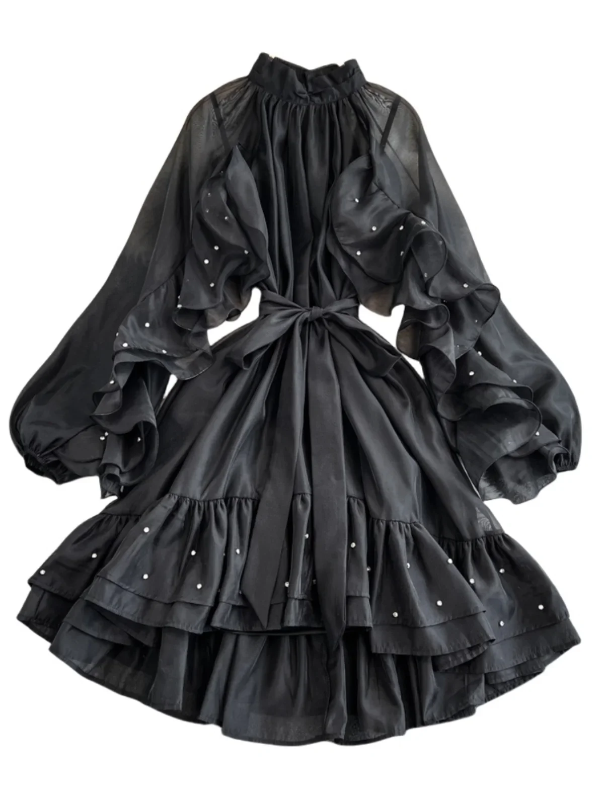 فستان فرنسي أنيق بحافة مكشكشة وأكمام واسعة من الخرز برباط الخصر شيفون متوسط الطول ملابس نسائية فستان عتيق 2025