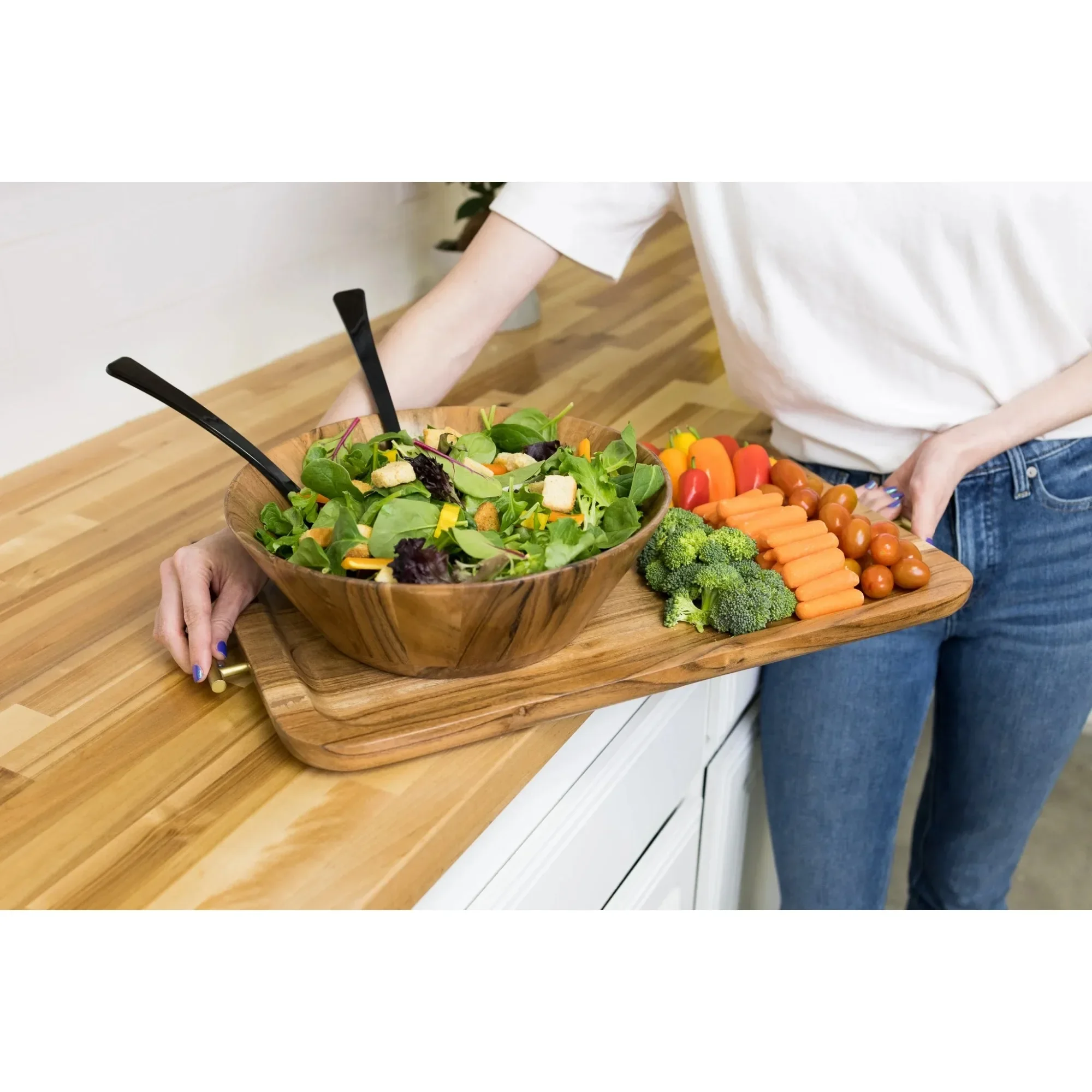 ชามไม้กระถินเทศทรงเหลี่ยมขนาดใหญ่ ดีไซน์แบบมุมเอียง ผิวธรรมชาติ สำหรับเสิร์ฟของว่าง ผลไม้ และอาหารว่างต่างๆ