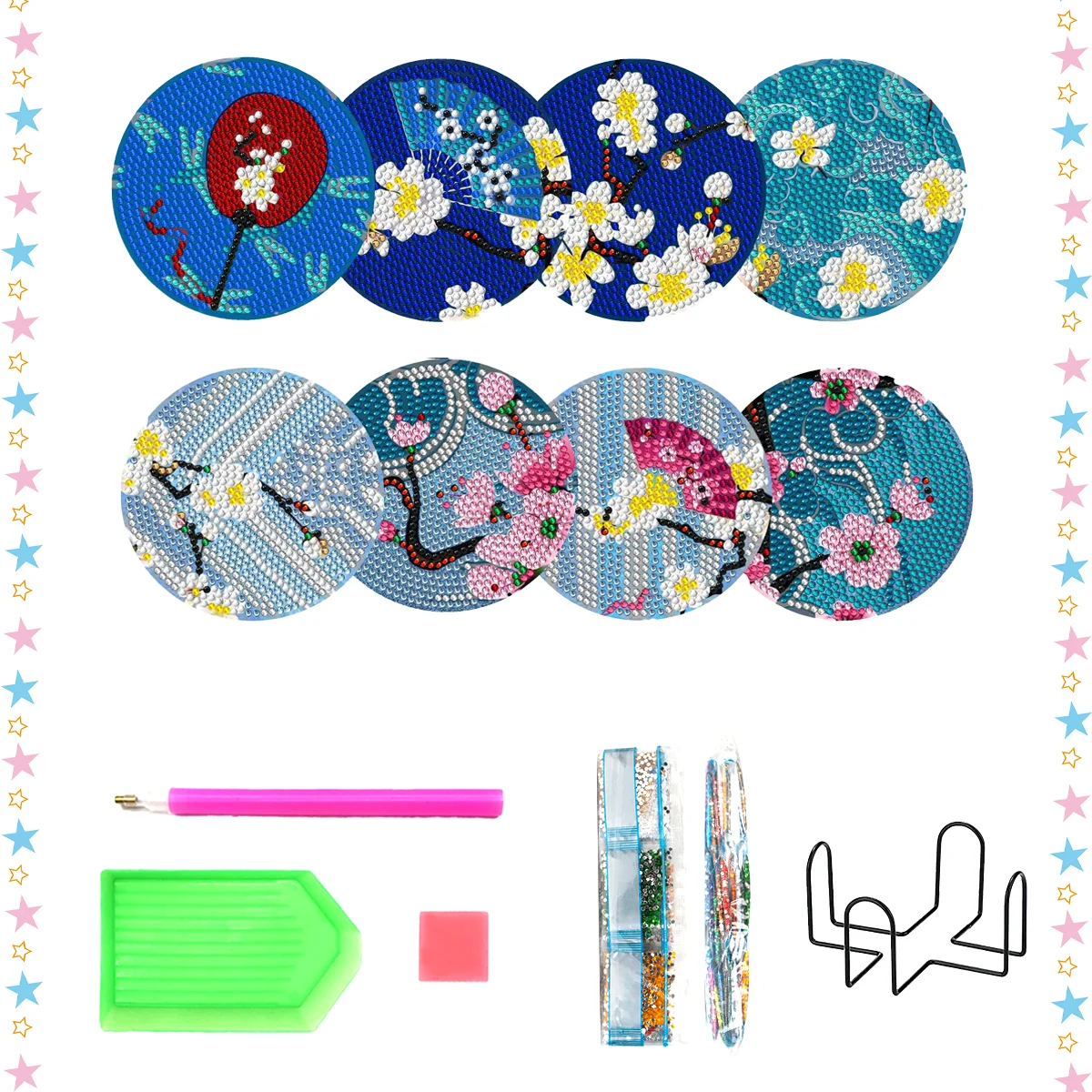 

8pc/Sets Diamond Painting Coasters 5D DIY Round Diamond Mosaic plum blossom Cup Coasters With Holder Kitchen Accessories