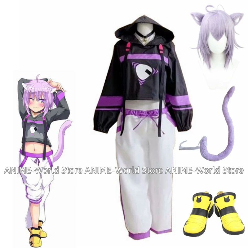 Nekomata disfraz de cosplay Okayu vtuber, incluye tocado y cola de piel, acgcosplay, disfraz de Halloween, peluca, zapatos