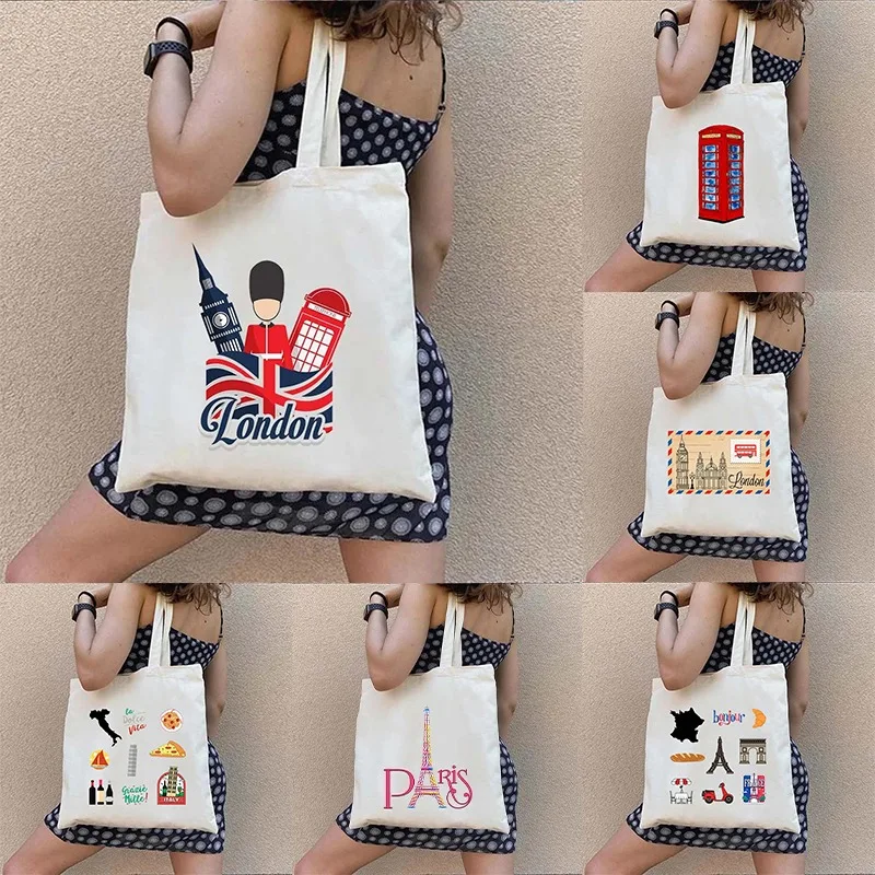 London UK Paris France Paquete de viaje Escudo de armas real británico Shopper Harajuku Shopping Bolso de mano de lona Bolso de hombro para mujer