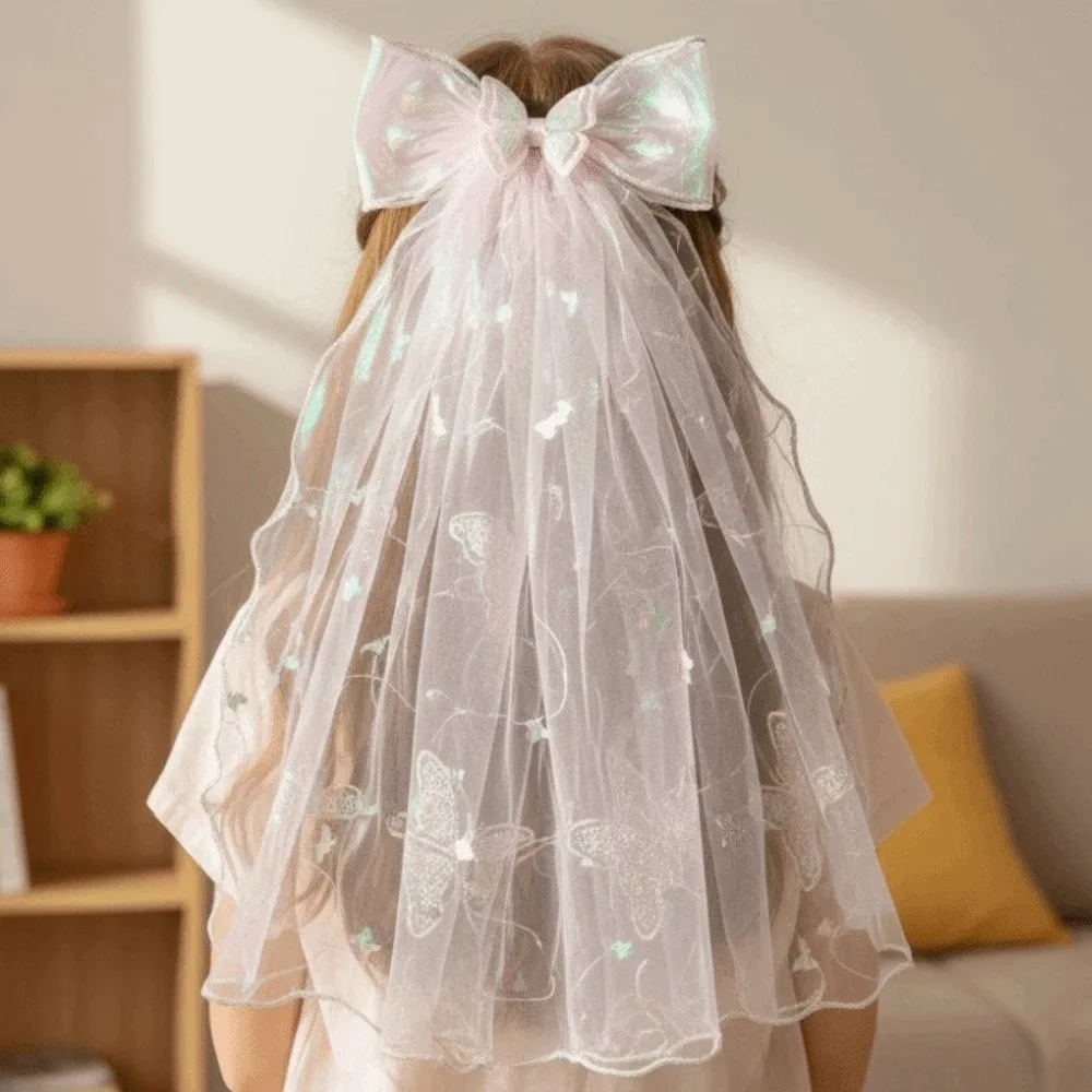 

Fashion White Veil Hair Clip Mesh Bow Girls Head Gauze Polyester Beads Colorful Flowing Tulle Birthday Headdress