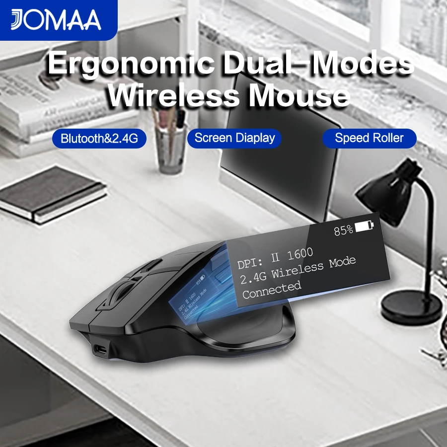 Rechargeable BT5.2&2.4G Wireless Mouse With Screen Display&Programmable Design,Ergonomic 4000DPI Office Mice for PC/Laptop-Black