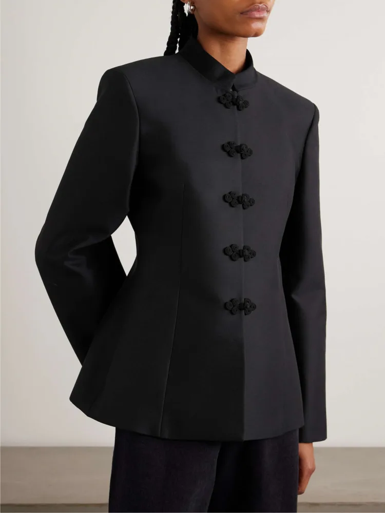 DFDG Women's Spring Summer Mandarin Collar Knot Button Fitted Blazer Elegant Office Casual 2026 Trendy Feminine Fashion Coat