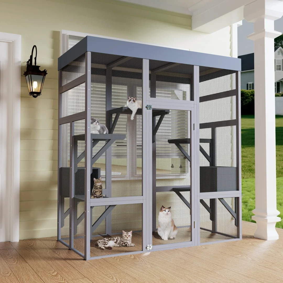 62.6" Wooden Catio for Cats, Large Cat Enclosure with Waterproof cover, 2 Napping House, Platforms & Galvanized Metal Wire – Secure Pet Cage Shelter