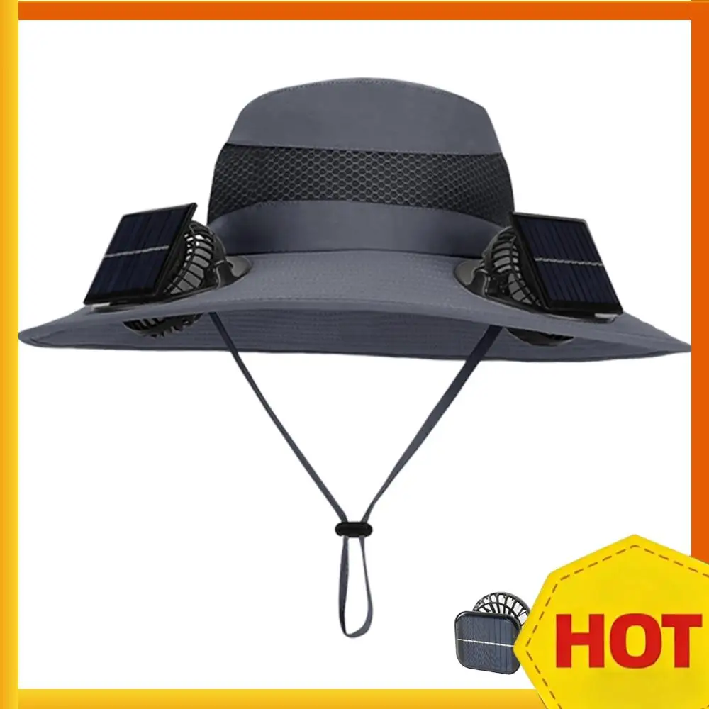 

Шляпа с солнечным вентилятором, уличная шляпа от солнца с широкими полями, пляжная шляпа для рыбалки на шнурке (темно-серая)