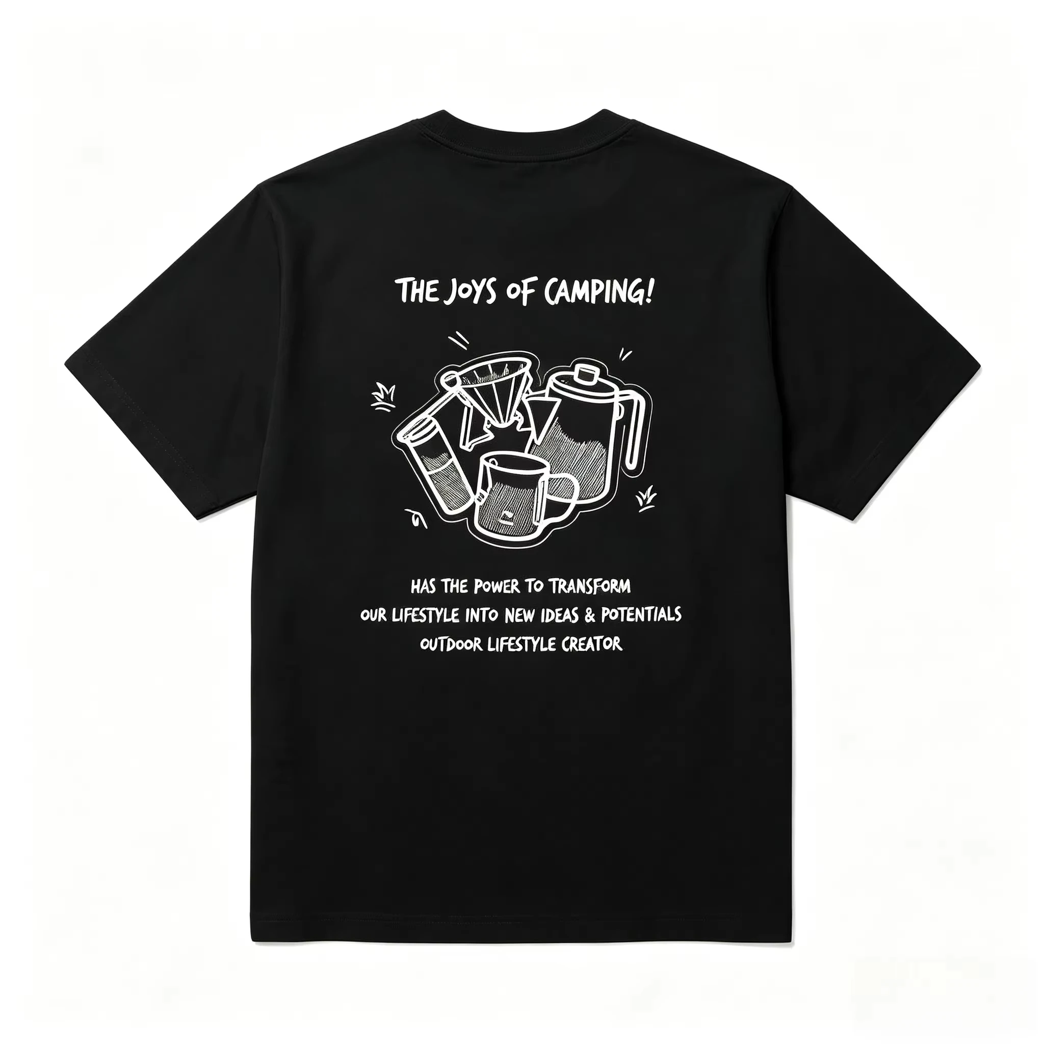 T-shirt graphique imprimé dos, motif café de camping 2026, dessin à la main, décontracté, manches courtes, pour l'extérieur