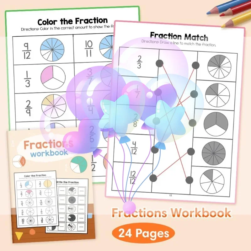 كسور مونتيسوري المصنف الحساب التعلم وسائل تعليمية الصف 3-4 المدرسة الابتدائية الرياضيات التدريب المعرفي اختبار الكتاب