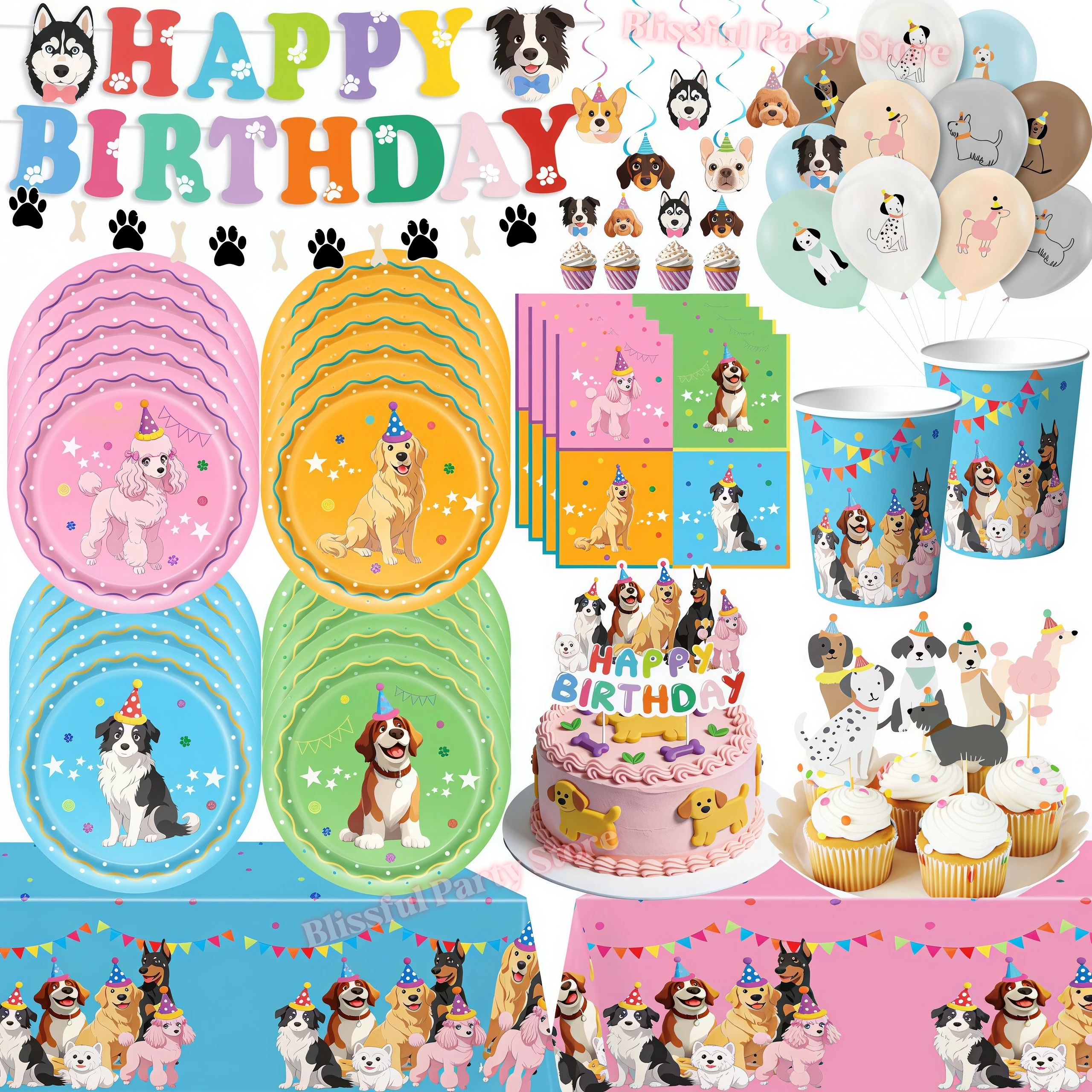 Hunde-Geburtstagsparty-Zubehör Hunde-Geburtstagsbanner Ballons Kuchendekoration Haustier-Welpen-Thema Baby-Shower Geburtstagsdeko-Set