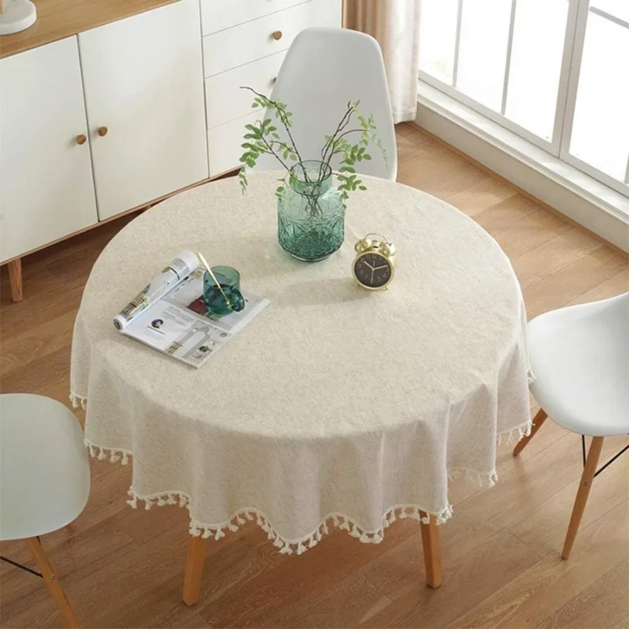 

Tablecloth Round Linen Table Cloth 39 Ih Dining Room Table Cover Tassels Beige