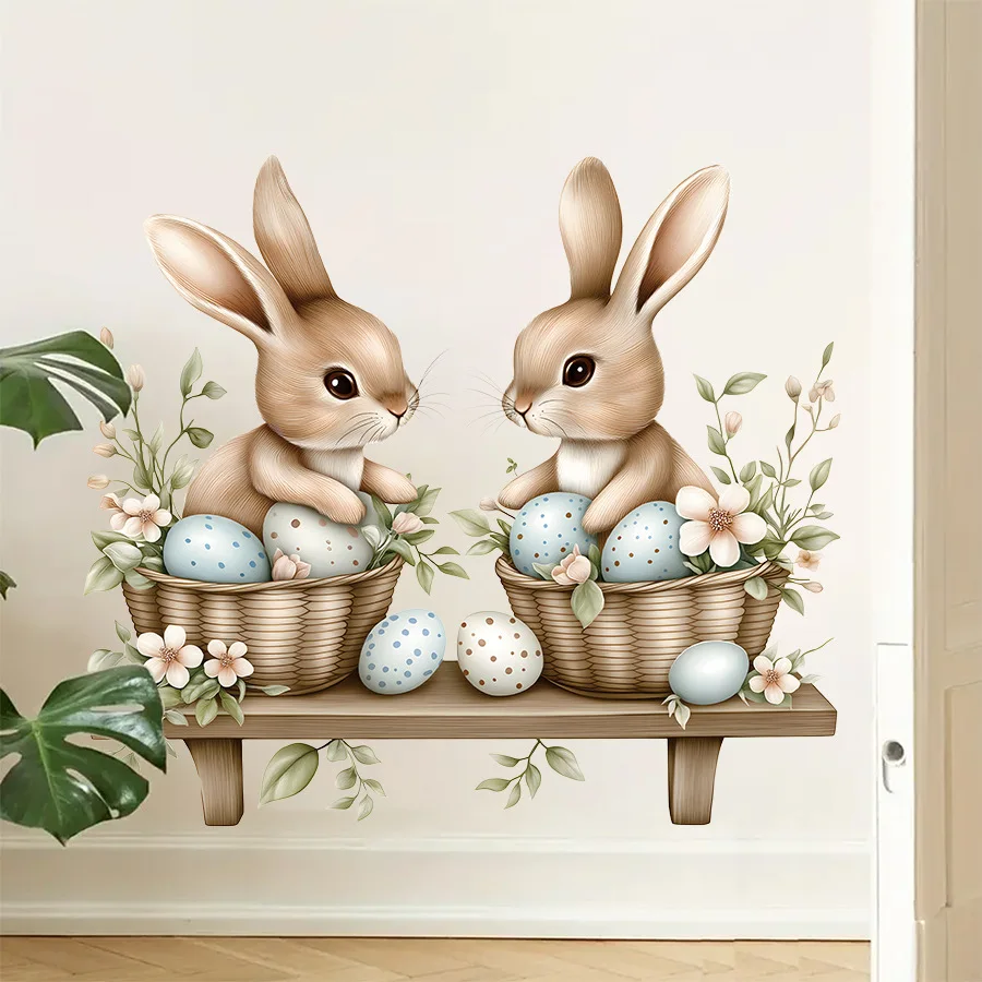 Whimsical Spring Bunny Wall Decals, Two Bunnies on Shelf with Easter Eggs Peel and Stick Sticker Dreamy Nursery Wall Art, Neutra