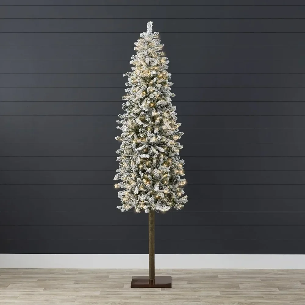 Pre-Lit Slim Pencil Christmas Tree, Snow Flocked Hinged Artificial Alpine Holiday Decoration