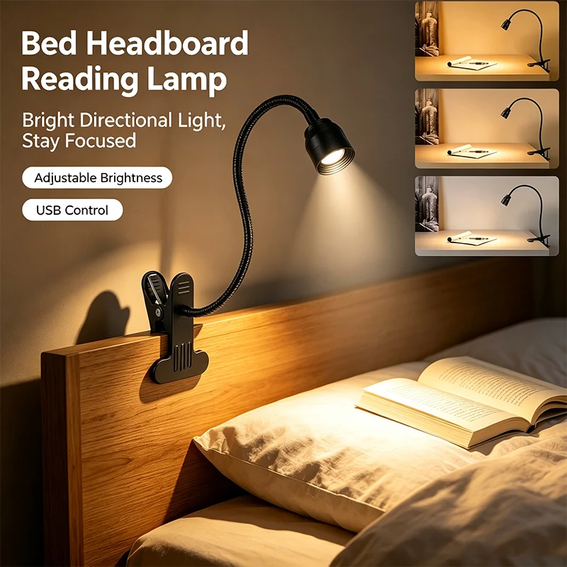 10W USB Clip LED Reading Lamp Zoomable Flexible Gooseneck Book Light 3 Color Dimmable Study Night Clamp Lamp for Bedroom Desk