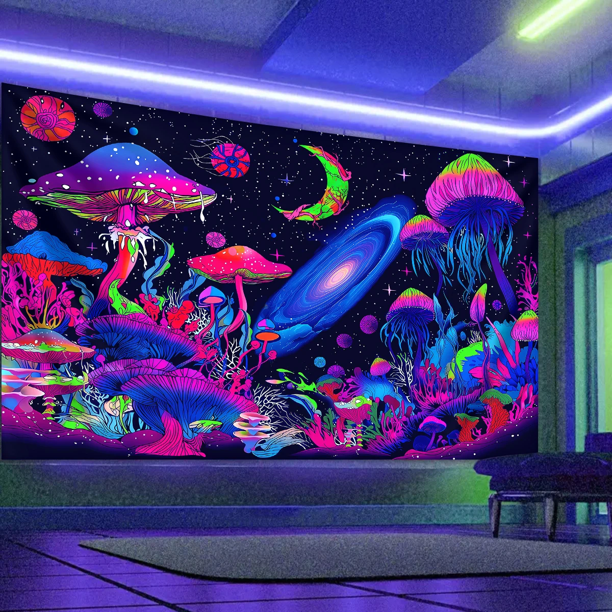 1pc Fluorescent mushroom tapestry, UV tapestry, dreamy mushroom plant black light tapestry, room and living room decoration