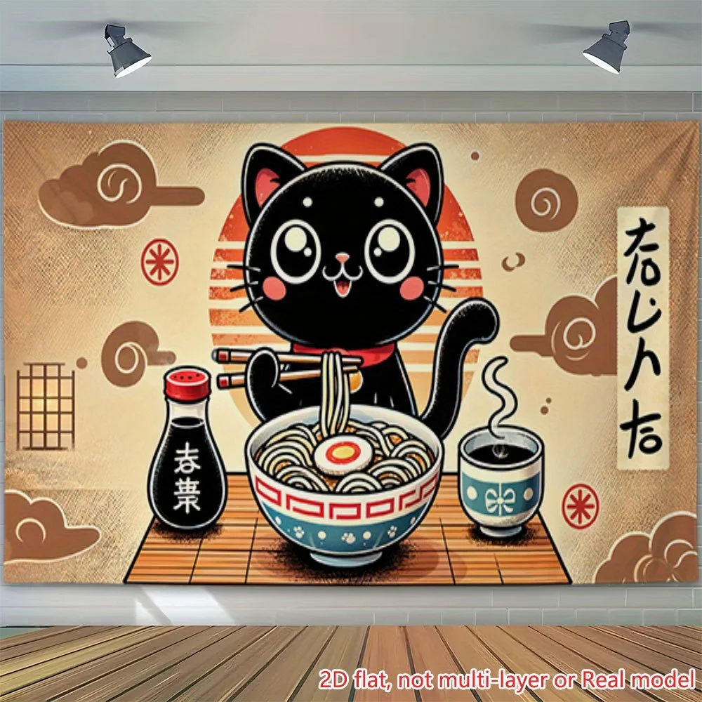 2D-Flachdruck-Partybanner mit einer Szene von Katzen, die Ramen-Nudeln essen, geeignet als Garagenhintergrund.