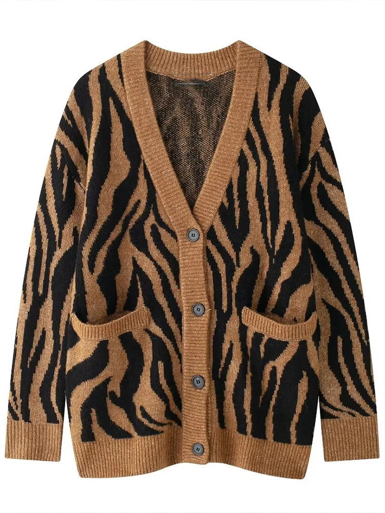 Women's Animal Print Jacquard Knit Cardigan V-neck Long Sleeves Rib Trim Pockets Elasticated Hem Sweater Fall Winter Chic Coat