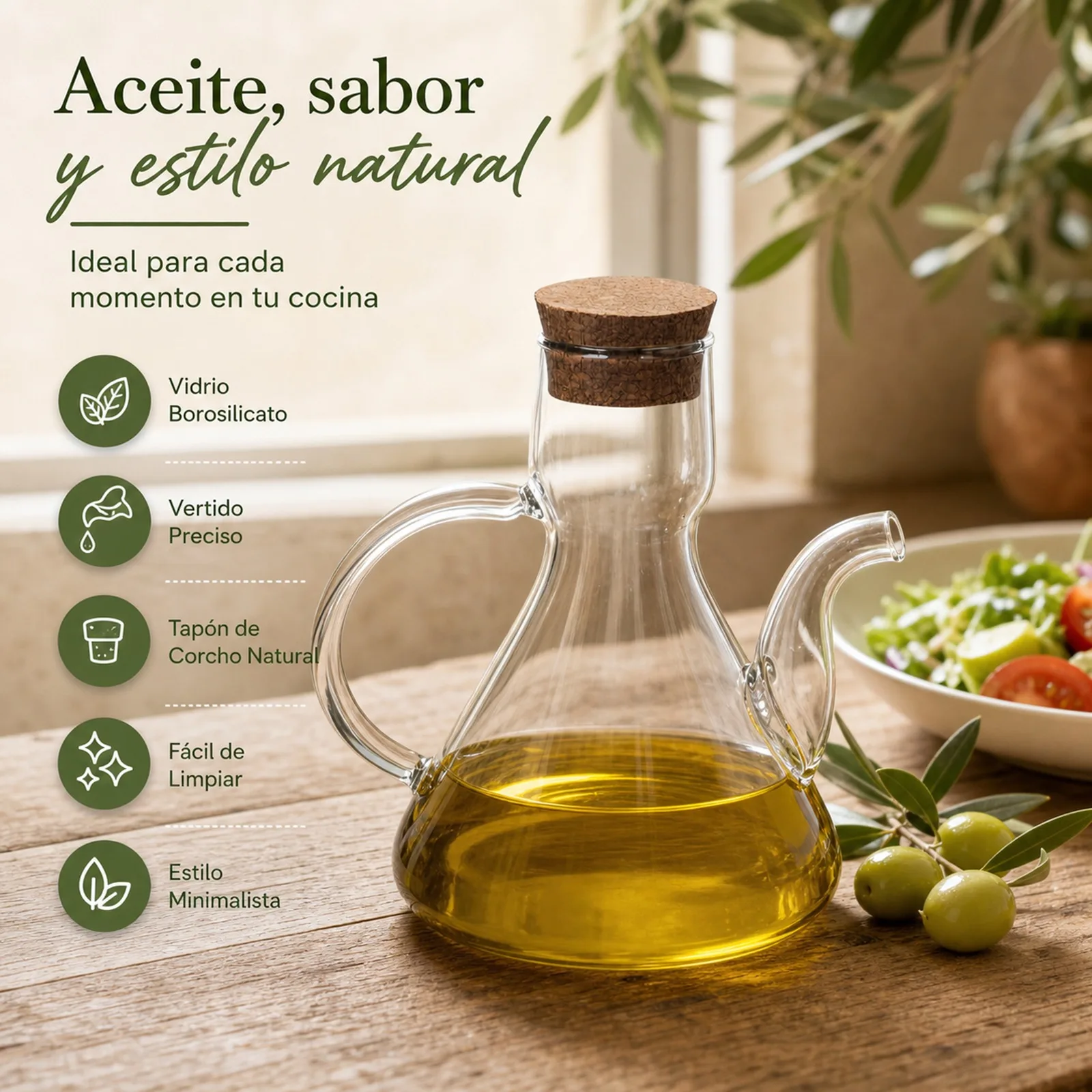 Distributeur d'huile en verre borosilicate avec bouchon en liège naturel, distributeur d'huile et de vinaigre avec bec verseur anti-goutte et poignée ergonomique, disponible en 125 ml, 250 ml et 500 ml pour la cuisine