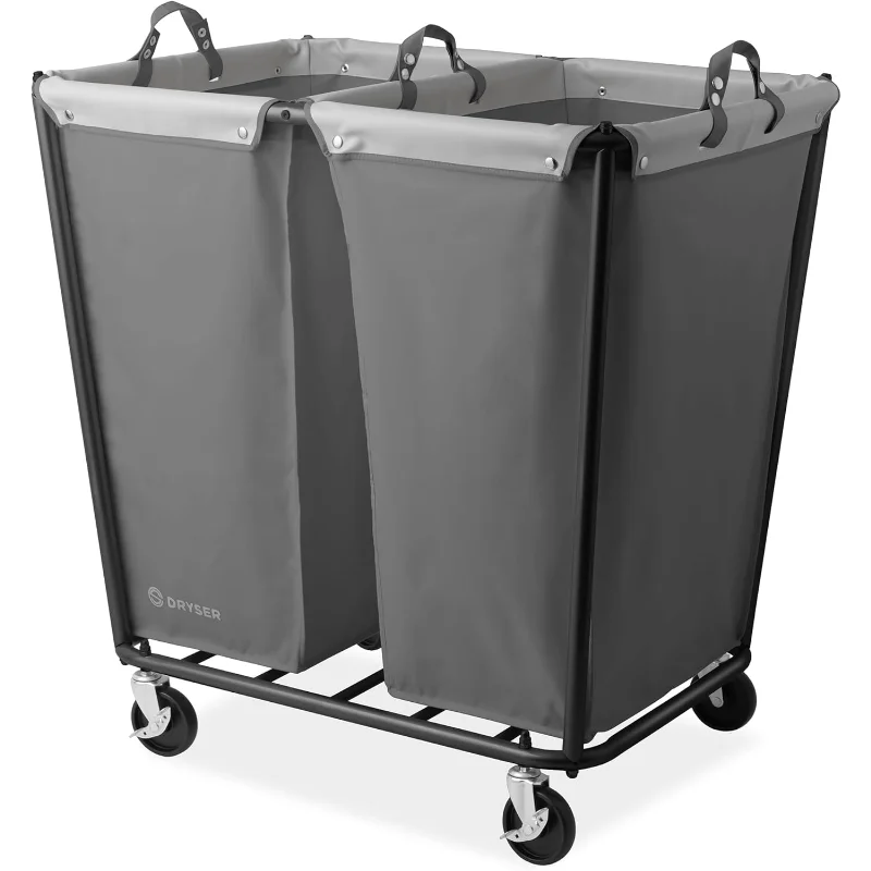 

Dryser Divided Commercial Heavy-Duty Rolling Laundry Hamper, Steel Frame Cart on Wheels with 2 Section Removable Canvas Bins