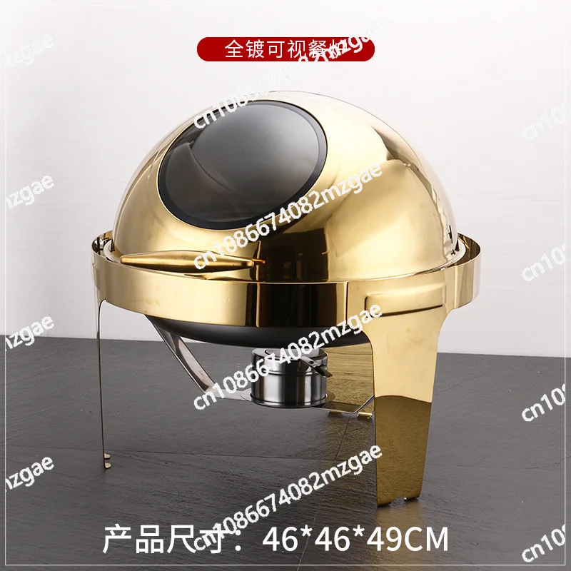 6L Large Roll Top Round Dining Silver Chafing Dish Food Warmer，Hotel Large Stainless Steel Gold Hot Pot