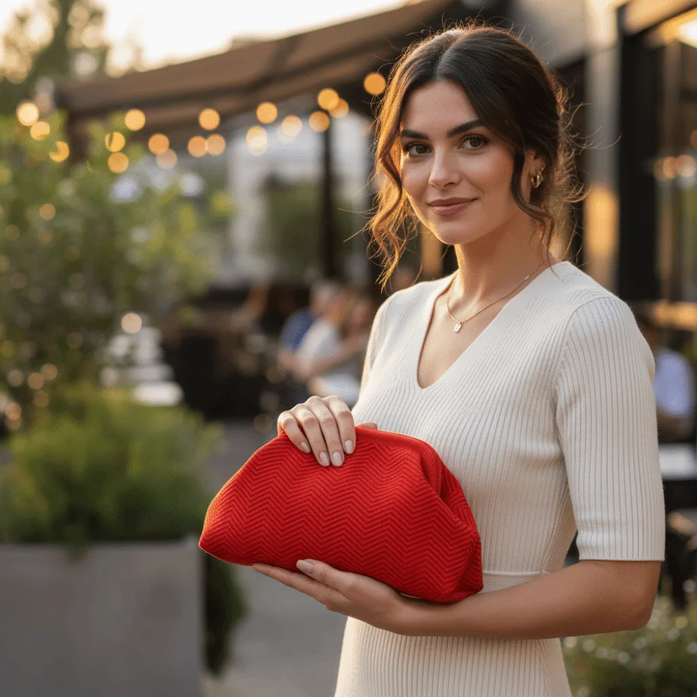 Hochwertige Häkel-Design Strick-Clutch-Tasche, Colorblock Tragbare Kosmetiktasche, Lässige Dumpling-Clutch für Damen – Detail 6