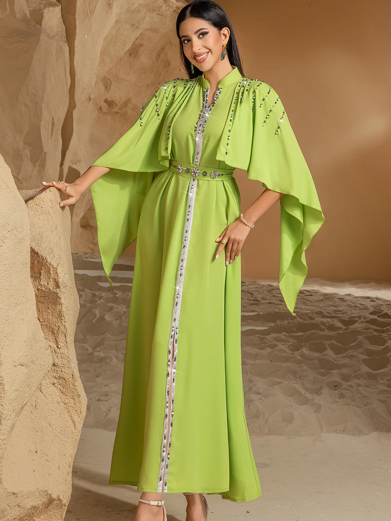 Naher Osten Ramadan Marokko Muslingo Grün Halb Stehkragen Schal Kleid Arabisches Dubai Kleid Luxus Mode Hot Diamond Abendkleid