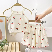 Children Suspender Set Summer Girls Cotton Pajamas Vest Shorts Cartoon Sleeveless Cute Soft Sleepwear Cherry Print 2PCS/Set