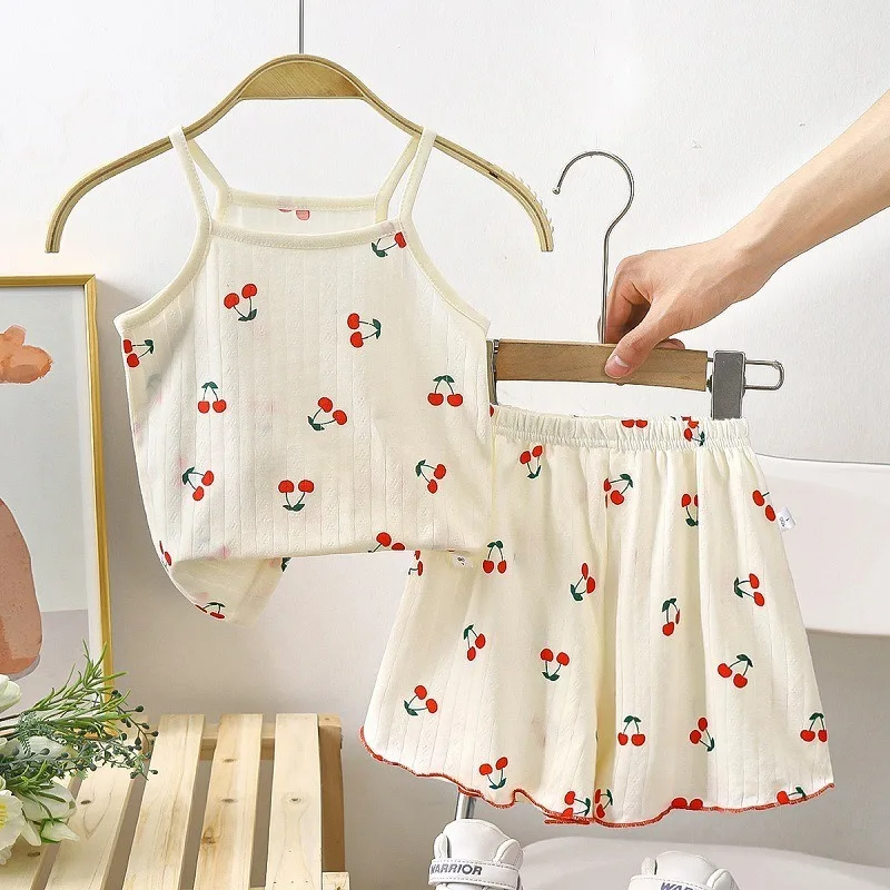 Children Suspender Set Summer Girls Cotton Pajamas Vest Shorts Cartoon Sleeveless Cute Soft Sleepwear Cherry Print 2PCS/Set
