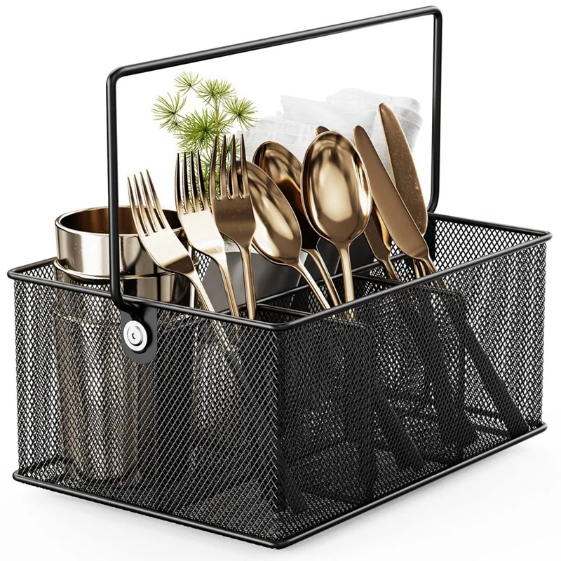 ตะกร้าโลหะ 4 ช่อง,ตาข่าย Flatware ผู้ถือ Organizer เหมาะสําหรับ Home,ห้องครัว,ปาร์ตี้,Camping