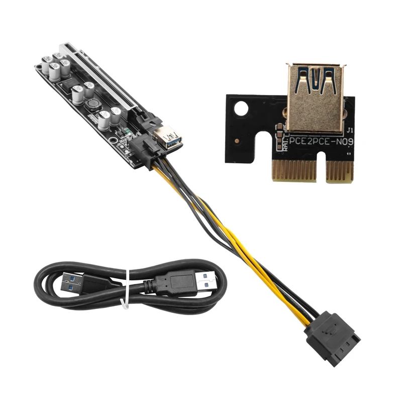 VER009S Plus PCI Express 1X à 16X Renforce PCI-E Riser Card, SATA 6Pin Power 0.6M USB 3.0 Cable for BTC LTC Mining