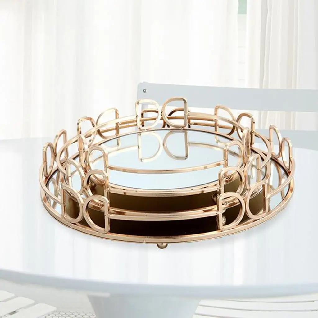 Decorative Glass Metal Tray Round Plate Mirror Decorative Cosmetics Tray Jewelry Perfume Organizer for All Occasions