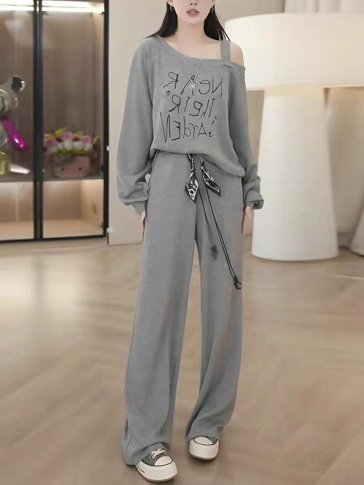 

Chic Korean Style Women's Casual Grey Off-Shoulder Top Wide Leg Pants Two-Piece Set Spring 2026 Fashionable Ensemble