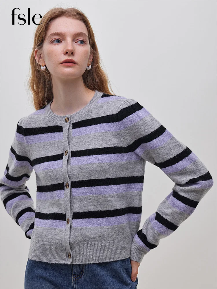 FSLE Contrasting Color Striped Round Neck Sweater Jacket Female Winter 2023 New 20.3% Wool Knitted Cardigan Sweaters for Women