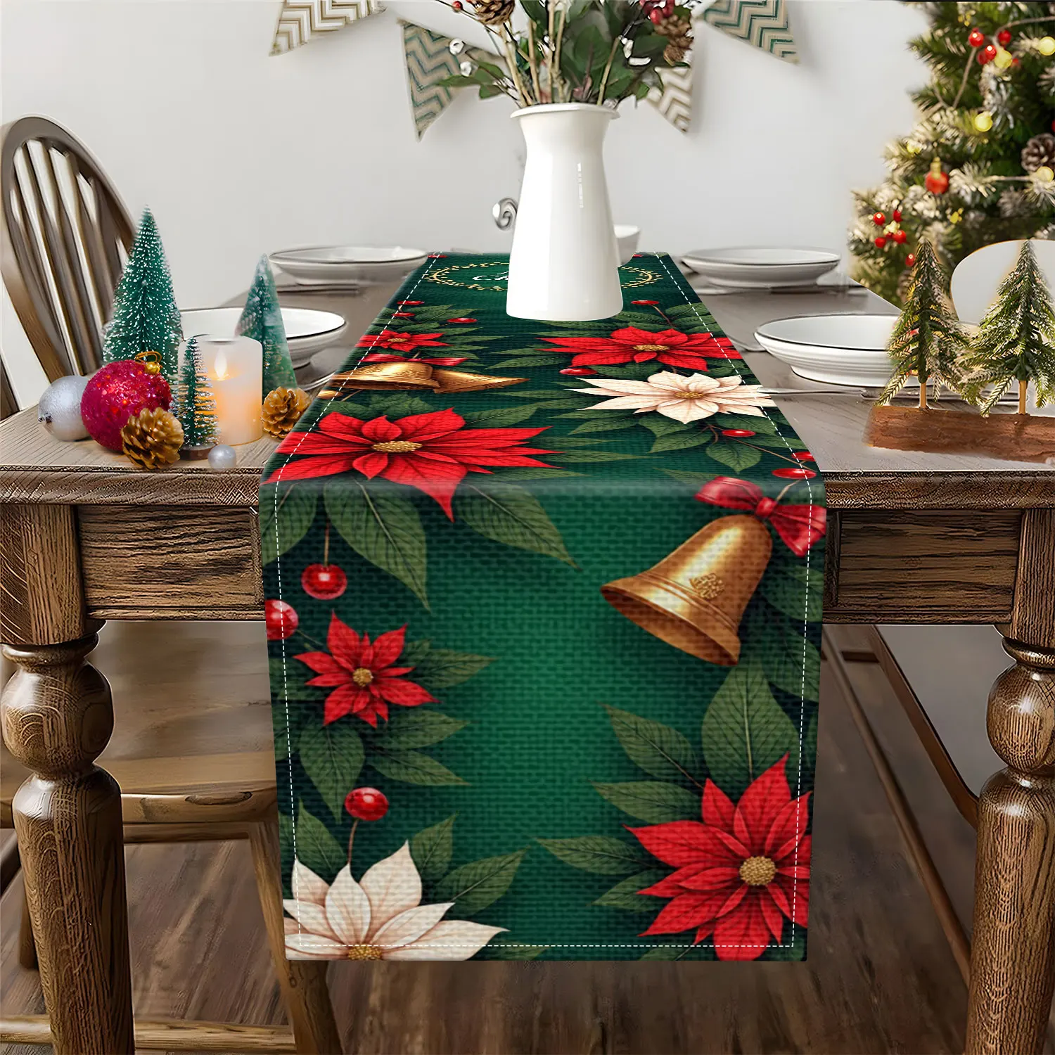 قطعة واحدة من مفرش طاولة بطابع عيد الميلاد، تتميز بونسيتيا وأجراس وأنماط زهور، مناسبة لحفلات عيد الميلاد وديكور المنزل في العطلات #2