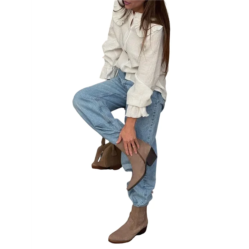 

ABRT-Women Solid Color Casual Cotton Fashion Frilled Button Down Puff Long Sleeve Lapel Shirts