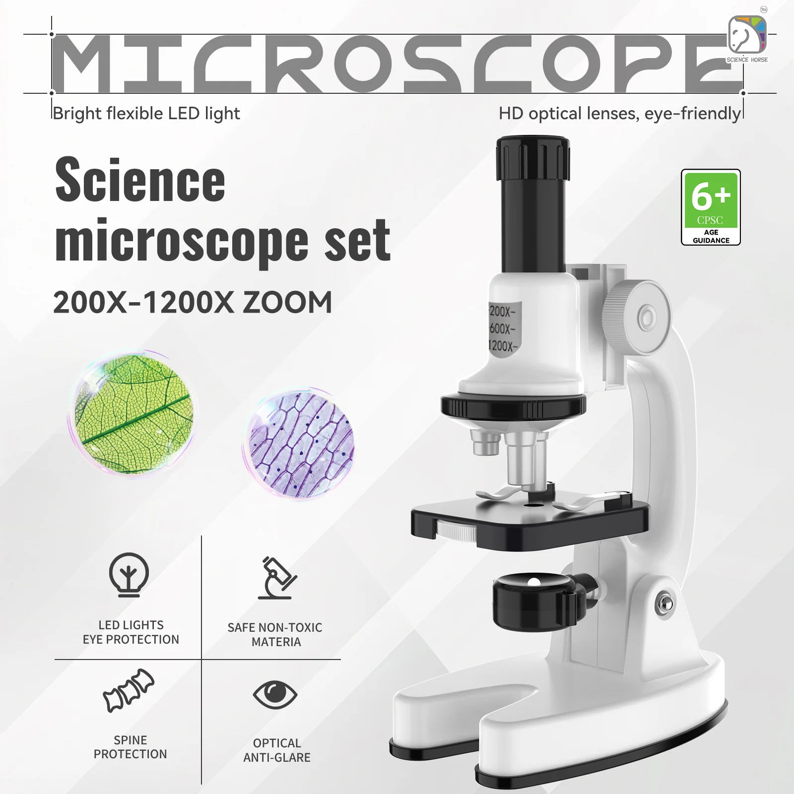 1200X Kids Microscope, STEM Science Kit Educational Toy, White Optical Microscope with 3 Lens, Beginner Microscope for Boys Girl