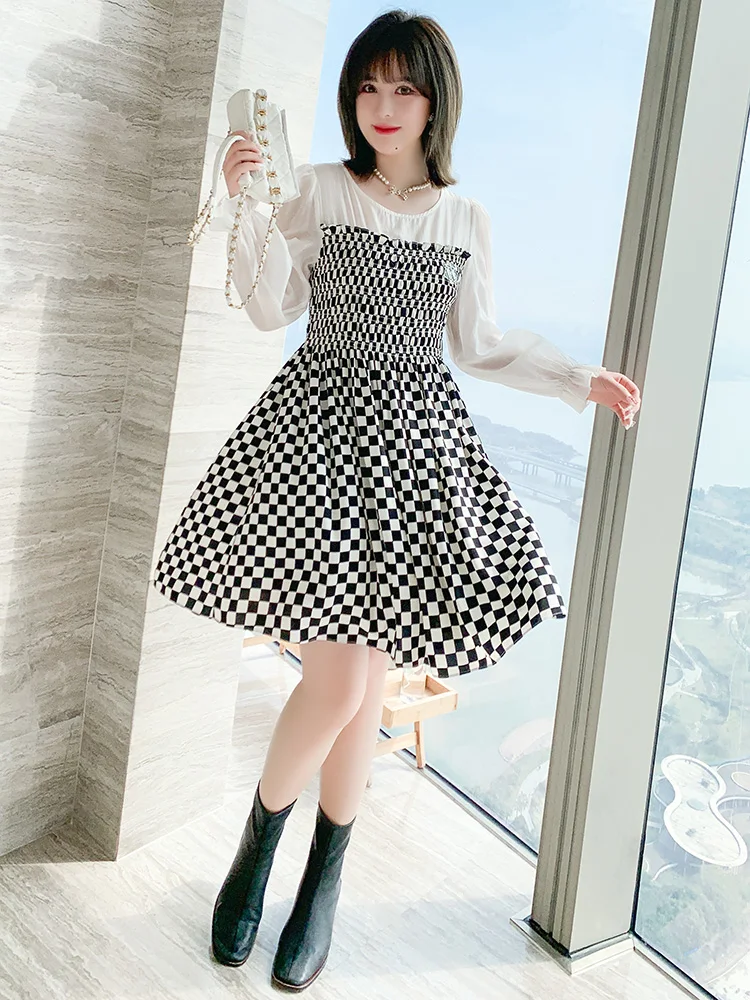 

MIUCO Wooden Lantern Sve Color Blo Plaid Pleated Dr Women's Spring round Ne High Waist Long Sve Doll Dr