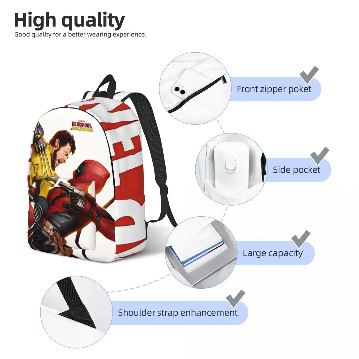 Back To School Gift Deadpool & Wolverine Retro Washable College Bag Disney Marvel Deadpool & Wolverine Film Rucksack Travel