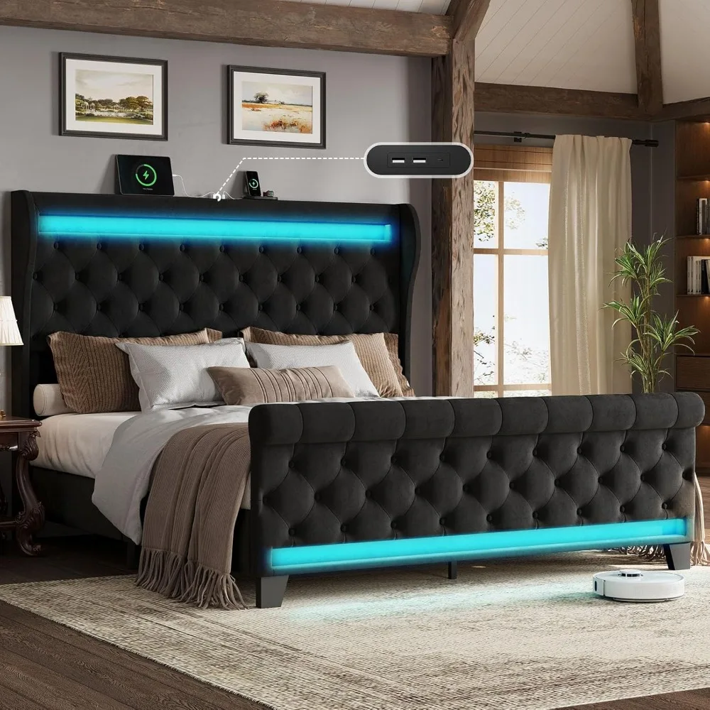 

King Size Velvet Upholstered Platform Bed with 50" Tall LED Lighted Headboard and Dual USB/Type C Ports