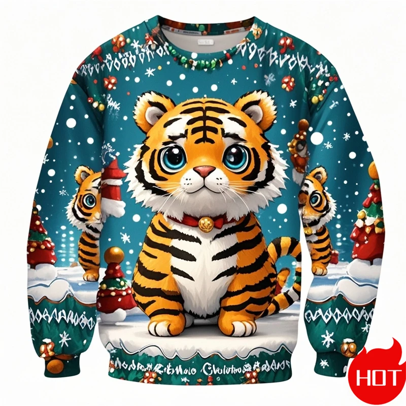 Pullover Sweatshirt For Men Christmas Anime Tiger Graphic 3D Printed Long Sleeve Tops Oversized O-Neck Pullovers Casual Clothing