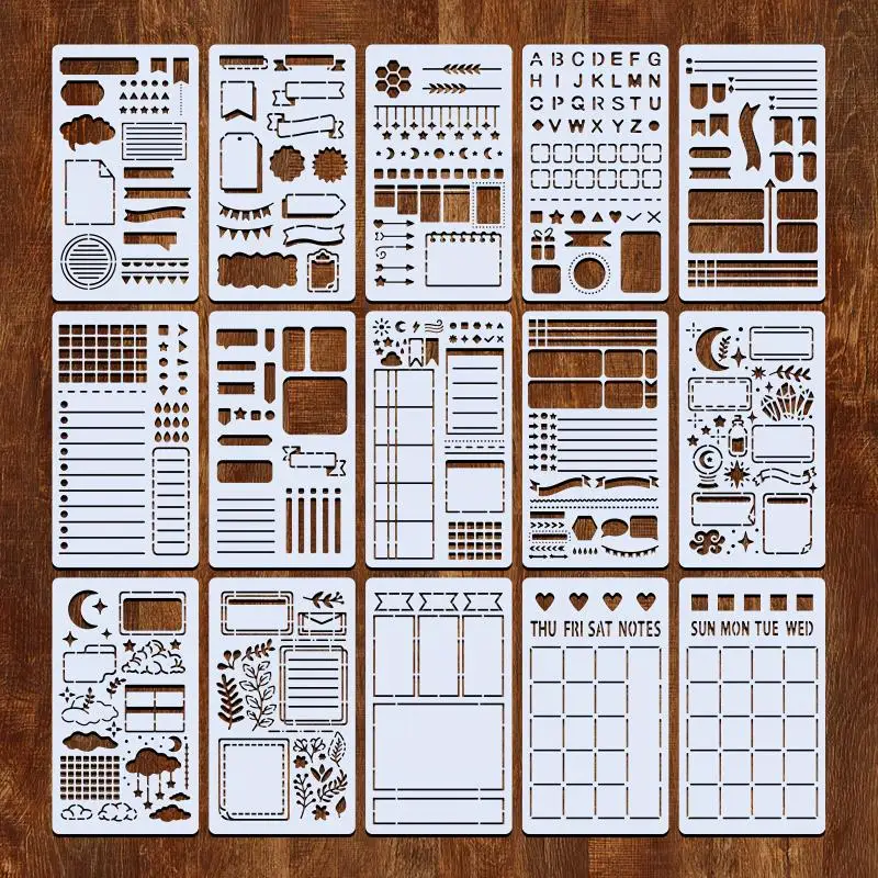 【B】15Pcs Diary Drawing Templates Reusable Stencils DIY Scrapbooking For Painting Diary Scrapbook Journal Stationery Gifts