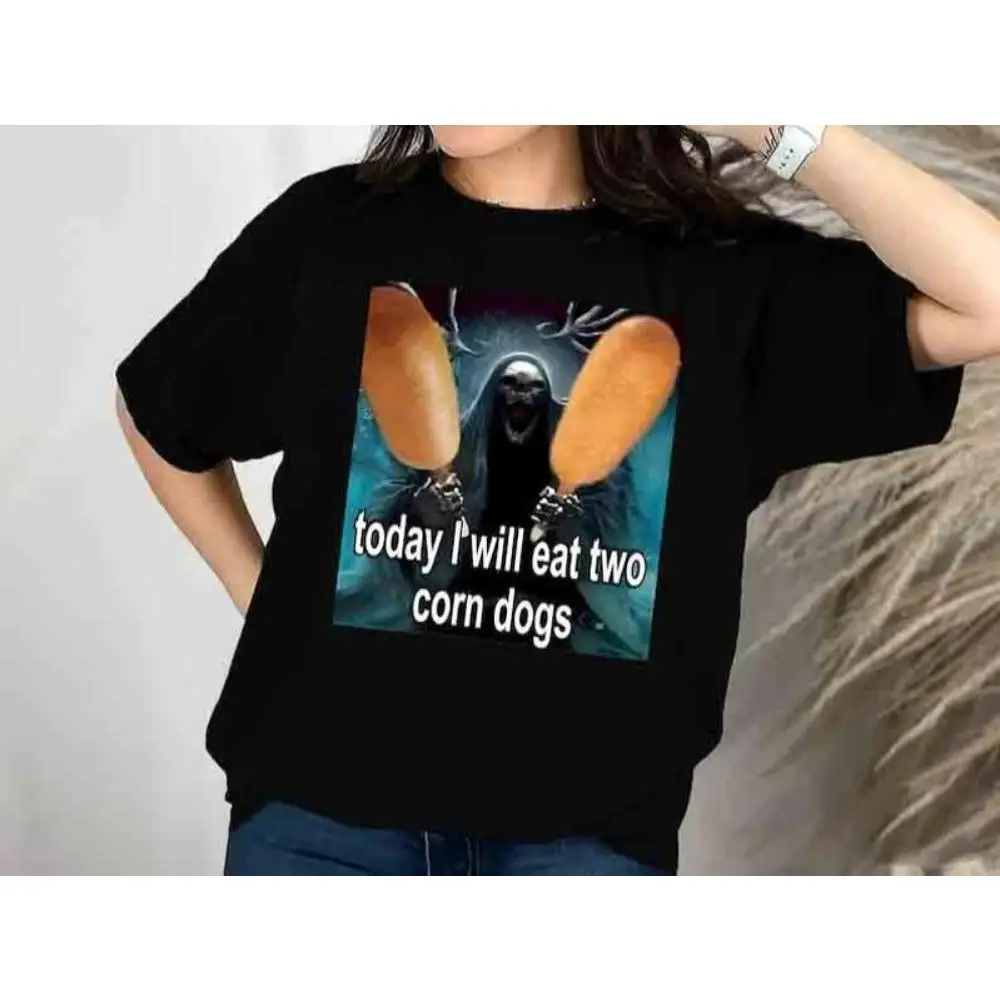 

Today I Will Eat Two Corn Dogs Funny Trendy Meme T-shirt, Skeleton Corndog Meme T-Shirt, 100% Cotton, Crew Neck, Slight Stretch