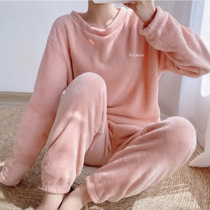 

Women's Coral Fleece Pajama Set Flannel Solid Color Winter Warm Sleepwear Cozy Comfortable Fleece Lined Cotton Homewear Suit