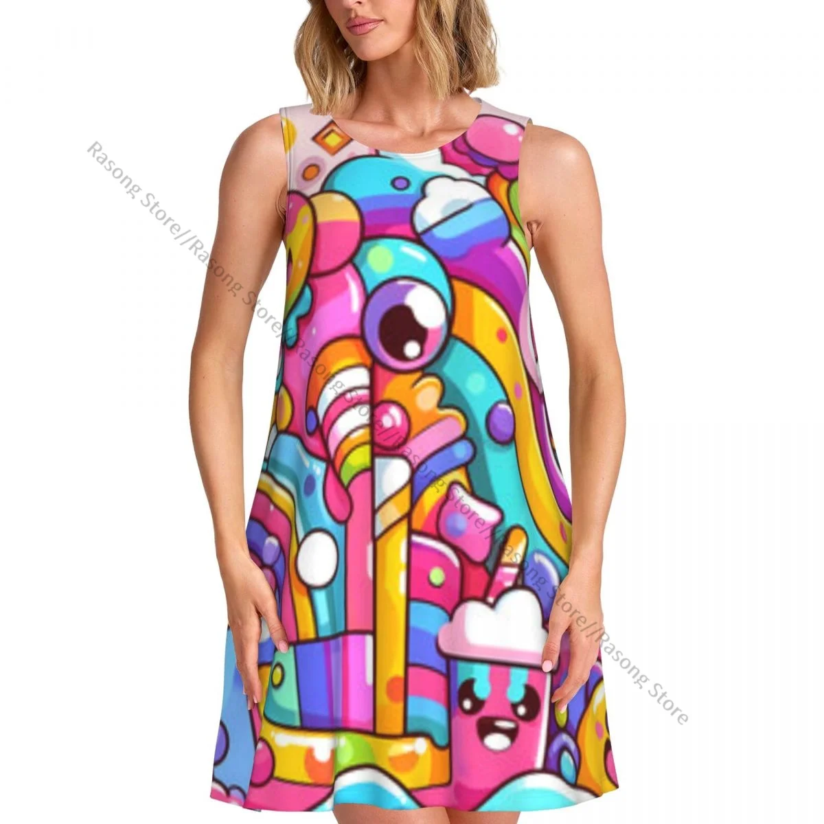Vestido sin mangas con cuello redondo, monstruos divertidos y fondo colorido, vestido informal hasta la rodilla para mujer, vestidos largos